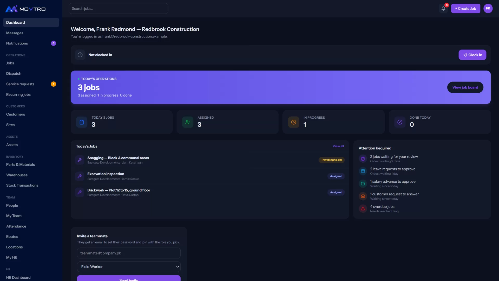 A construction company's dashboard in Movtro: today's site tasks, snagging and inspections, each crew member's stage, and what needs the site manager's attention.