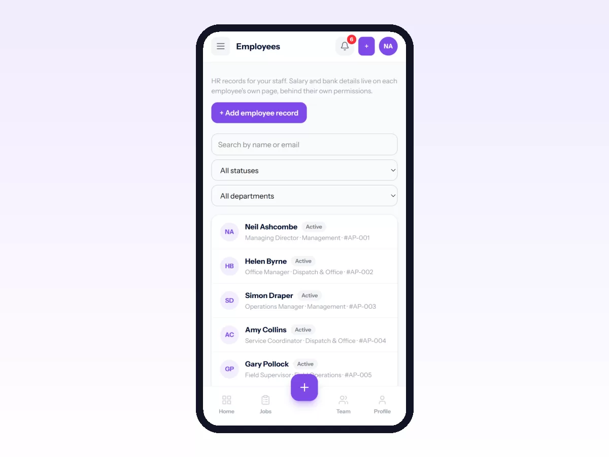 Movtro Employees list on a phone with each person's status, job title, department and employee number.