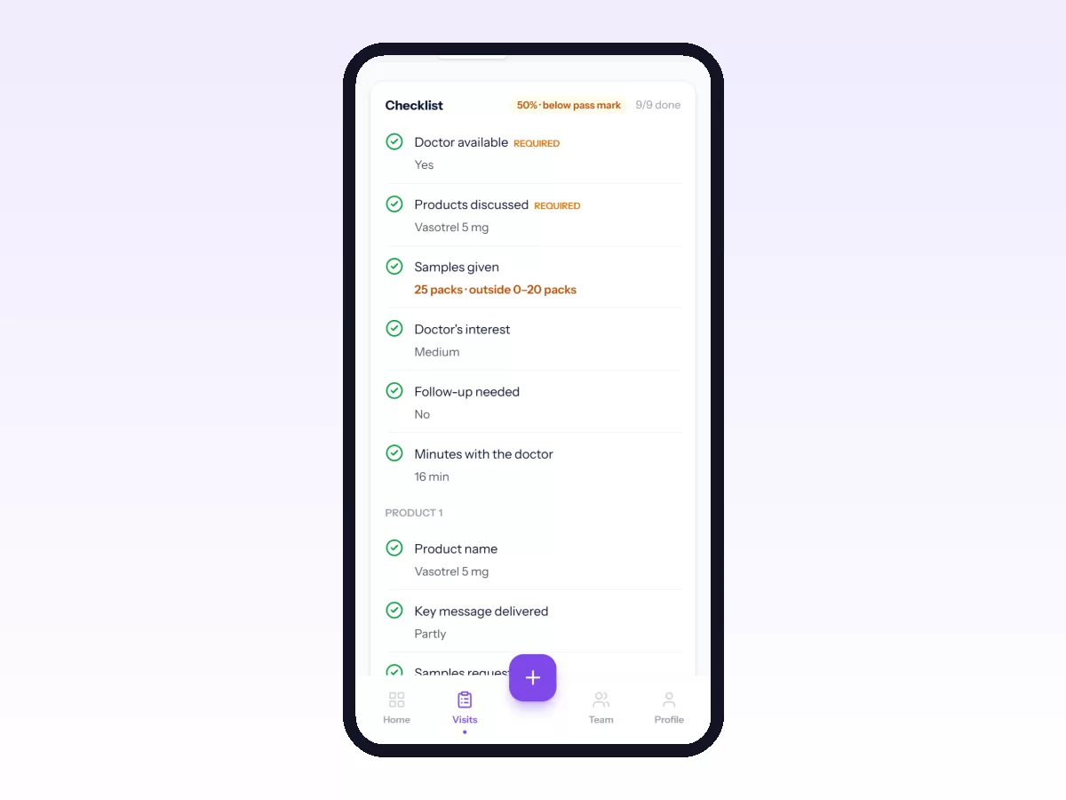Movtro visit outcome on a phone for a pharma rep's doctor call: products discussed, samples given, interest level and minutes spent.